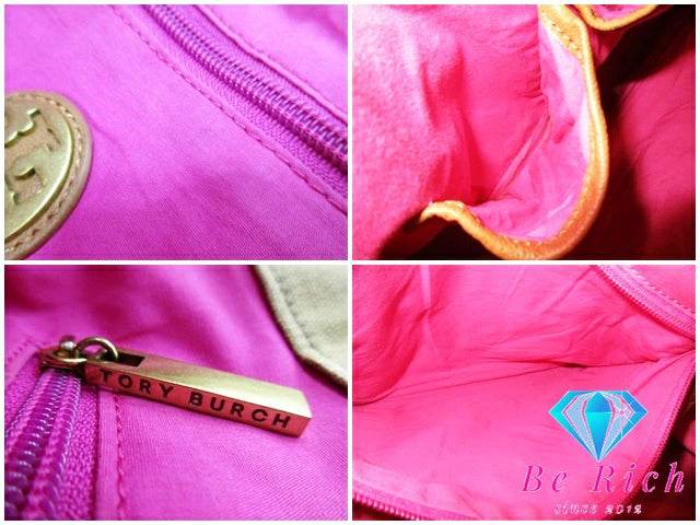 トリーバーチ ミラー キャンバス トートバッグ カーキ ピンク レザーハンドバッグ TORY BURCH 【中古】【送料無料】 bk8608