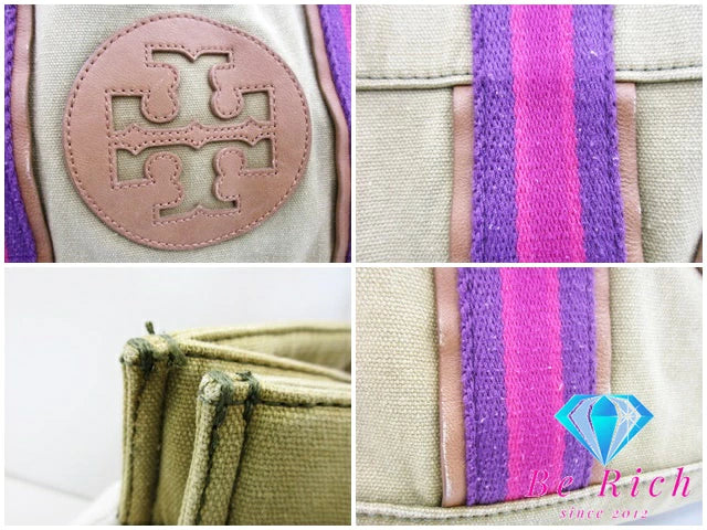 トリーバーチ ミラー キャンバス トートバッグ カーキ ピンク レザーハンドバッグ TORY BURCH 【中古】【送料無料】 bk8608