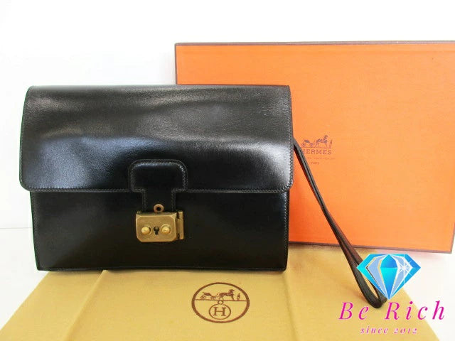 HERMES エルメス ポシェット ジェット クラッチ バッグ 〇 S刻印 黒 ブラック ボックス カーフ 鞄  メンズ 【中古】【送料無料】bk8614