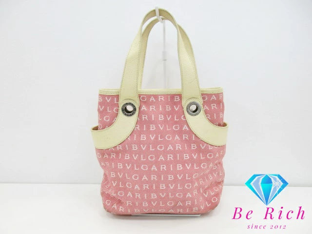 ブルガリ BVLGARI ミニ ハンドバッグ トートバッグ ロゴマニア ピンク アイボリー キャンバス レザー ショルダーバッグ 手提げ 肩掛け バッグ 鞄 メンズ レディース 【中古】【送料無料】 bk8666