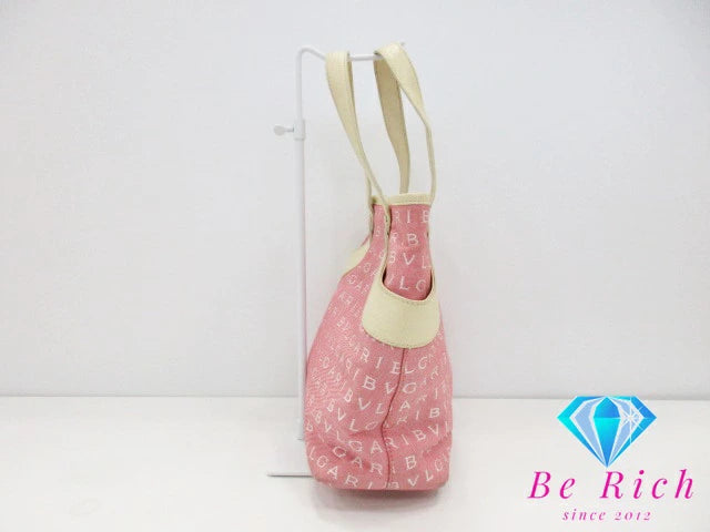 ブルガリ BVLGARI ミニ ハンドバッグ トートバッグ ロゴマニア ピンク アイボリー キャンバス レザー ショルダーバッグ 手提げ 肩掛け バッグ 鞄 メンズ レディース 【中古】【送料無料】 bk8666