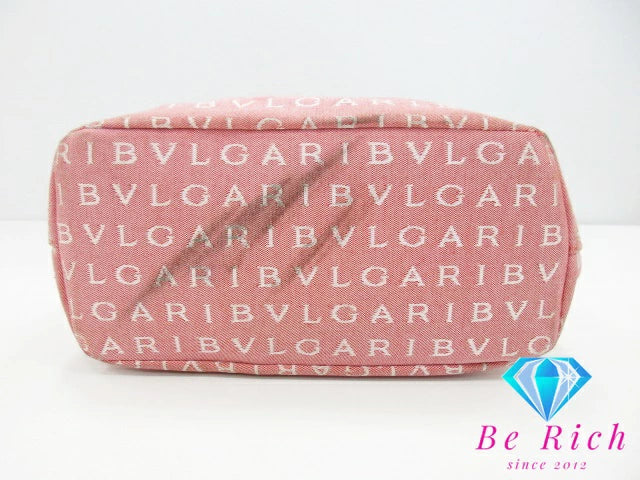 ブルガリ BVLGARI ミニ ハンドバッグ トートバッグ ロゴマニア ピンク アイボリー キャンバス レザー ショルダーバッグ 手提げ 肩掛け バッグ 鞄 メンズ レディース 【中古】【送料無料】 bk8666