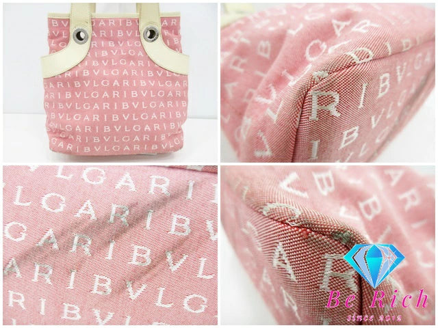 ブルガリ BVLGARI ミニ ハンドバッグ トートバッグ ロゴマニア ピンク アイボリー キャンバス レザー ショルダーバッグ 手提げ 肩掛け バッグ 鞄 メンズ レディース 【中古】【送料無料】 bk8666