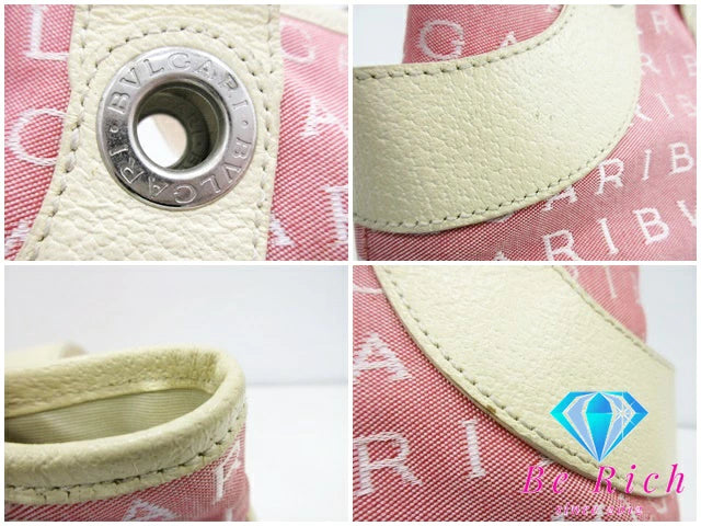 ブルガリ BVLGARI ミニ ハンドバッグ トートバッグ ロゴマニア ピンク アイボリー キャンバス レザー ショルダーバッグ 手提げ 肩掛け バッグ 鞄 メンズ レディース 【中古】【送料無料】 bk8666