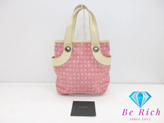 ブルガリ BVLGARI ミニ ハンドバッグ トートバッグ ロゴマニア ピンク アイボリー キャンバス レザー ショルダーバッグ 手提げ 肩掛け バッグ 鞄 メンズ レディース 【中古】【送料無料】 bk8666