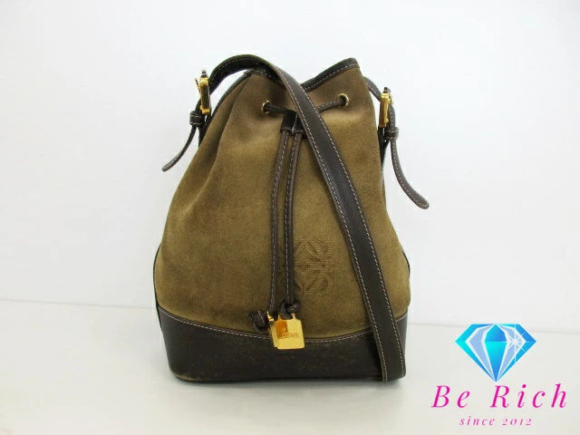 ロエベ LOEWE 巾着 ショルダーバッグ カーキ ブラウン 茶 スエード レザー ロゴ 手提げ 肩掛け 鞄 【中古】【送料無料】 bk8704