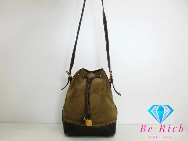 ロエベ LOEWE 巾着 ショルダーバッグ カーキ ブラウン 茶 スエード レザー ロゴ 手提げ 肩掛け 鞄 【中古】【送料無料】 bk8704