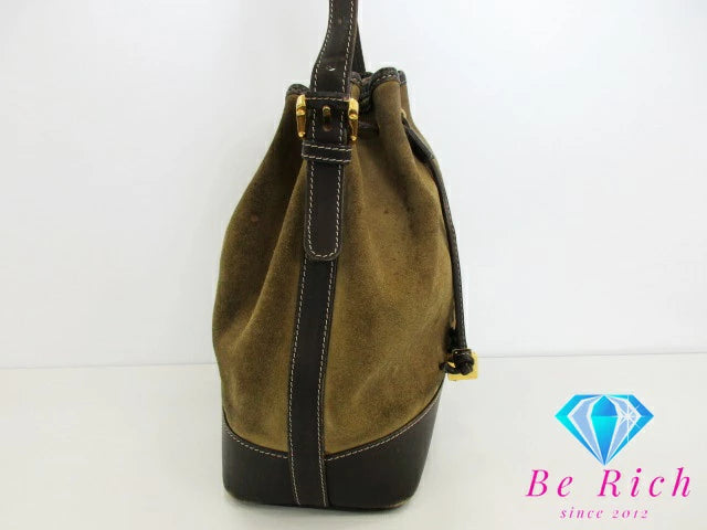 ロエベ LOEWE 巾着 ショルダーバッグ カーキ ブラウン 茶 スエード レザー ロゴ 手提げ 肩掛け 鞄 【中古】【送料無料】 bk8704