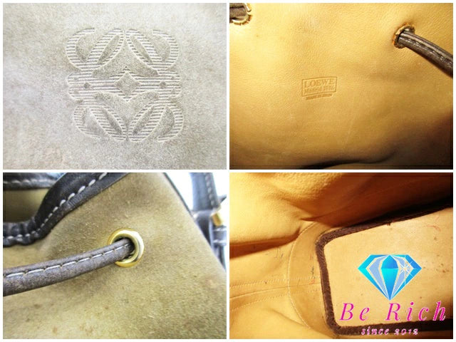 ロエベ LOEWE 巾着 ショルダーバッグ カーキ ブラウン 茶 スエード レザー ロゴ 手提げ 肩掛け 鞄 【中古】【送料無料】 bk8704