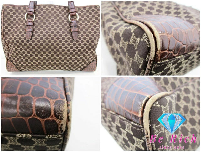 セリーヌ CELINE トートバッグ ショルダーバッグ マカダム ブラウン キャンバス レザー クロコ 型押し 茶 ロゴ ハンドバッグ 鞄 【中古】【送料無料】 bk8721