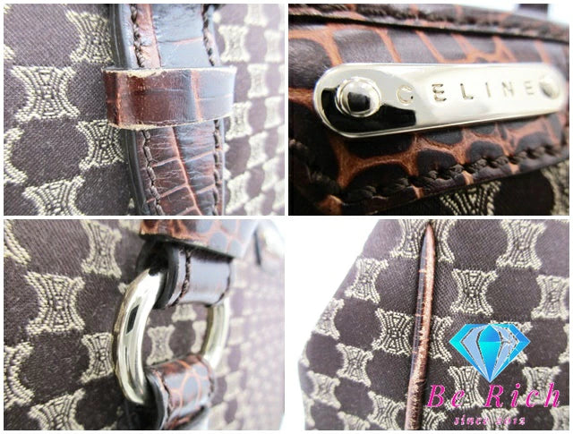 セリーヌ CELINE トートバッグ ショルダーバッグ マカダム ブラウン キャンバス レザー クロコ 型押し 茶 ロゴ ハンドバッグ 鞄 【中古】【送料無料】 bk8721