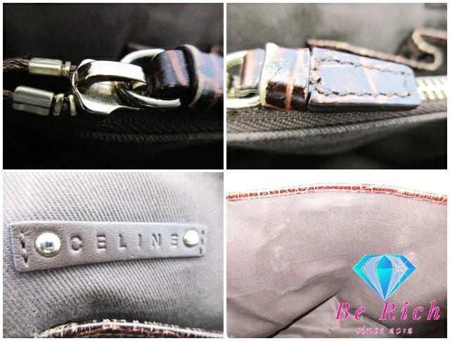 セリーヌ CELINE トートバッグ ショルダーバッグ マカダム ブラウン キャンバス レザー クロコ 型押し 茶 ロゴ ハンドバッグ 鞄 【中古】【送料無料】 bk8721