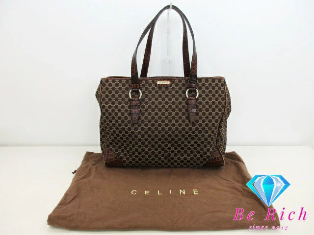 セリーヌ CELINE トートバッグ ショルダーバッグ マカダム ブラウン キャンバス レザー クロコ 型押し 茶 ロゴ ハンドバッグ 鞄 【中古】【送料無料】 bk8721