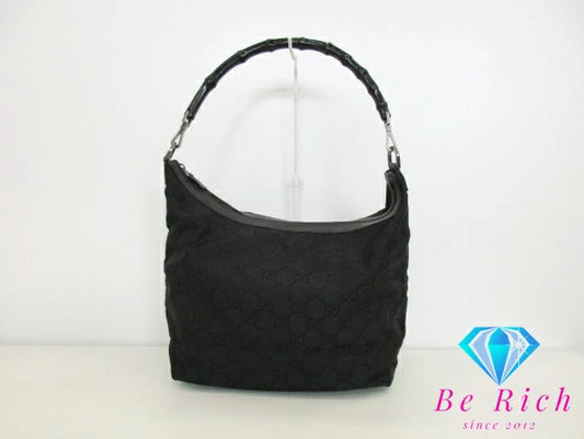 グッチ GUCCI ハンドバッグ バンブー ハンドル 黒 ブラック ナイロンキャンバス レザー ロゴ  ホーボー ショルダーバッグ セミショルダー ワンショルダー 鞄 【中古】【送料無料】bk8748