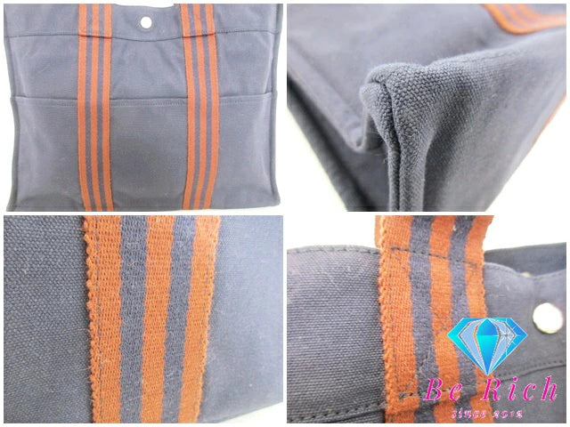 エルメス HERMES フールトゥ MM ネイビー ブラウン ロゴ キャンバス トートバッグ ハンドバッグ 手提げ 通学 通勤 鞄  【中古】【送料無料】 bk8796