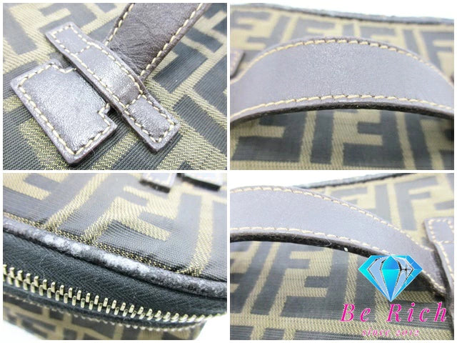フェンディ FENDI バニティバッグ ハンドバッグ ポーチ ズッカ ブラウン 茶 キャンバス レザー ロゴ 化粧 コスメ アクセサリーポーチ 鞄 折り畳み 【中古】【送料無料】 bk8846