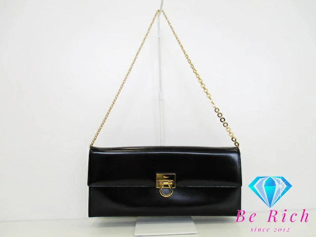 フェラガモ Salvatore Ferragamo ガンチーニ 2way チェーン ショルダーバッグ クラッチバッグ 黒 ブラック カーフ レザー ロゴ ハンドバッグ 鞄 セカンドバッグ ポーチ パーティ フォーマル  【中古】【送料無料】 bk8938