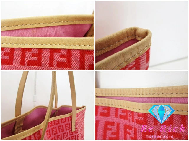 フェンディ FENDI トートバッグ 8BH005 ズッキーノ ピンク レッド 赤 キャンバス レザー ロゴ ショルダーバッグ ハンドバッグ 手提げ 鞄  【中古】【送料無料】 bk8973