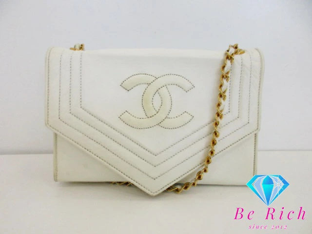 シャネル CHANEL V ステッチ チェーン ショルダーバッグ ラム スキン ホワイト 白 アイボリー ココマーク CC ロゴ 鞄 【中古】【送料無料】 bk9078