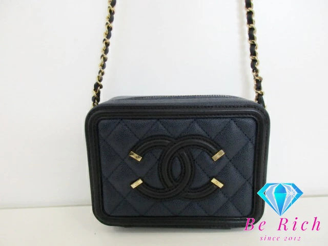 美品 シャネル CHANEL フィリグリー ミニ チェーン ショルダーバッグ A84452 レザー キャビア スキン 黒 ブラック ネイビー ココマーク CC ロゴ 斜め掛け 鞄 【中古】【送料無料】 bk9212