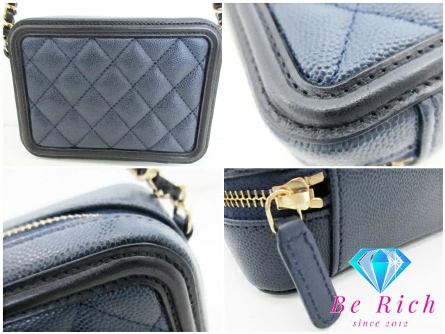 美品 シャネル CHANEL フィリグリー ミニ チェーン ショルダーバッグ A84452 レザー キャビア スキン 黒 ブラック ネイビー ココマーク CC ロゴ 斜め掛け 鞄 【中古】【送料無料】 bk9212