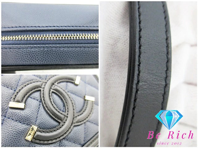 美品 シャネル CHANEL フィリグリー ミニ チェーン ショルダーバッグ A84452 レザー キャビア スキン 黒 ブラック ネイビー ココマーク CC ロゴ 斜め掛け 鞄 【中古】【送料無料】 bk9212