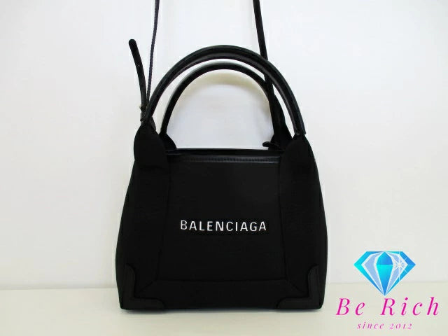 美品 バレンシアガ BALENCIAGA 2way ハンドバッグ ネイビー カバ XS 390346 ブラック 黒 キャンバス レザー ロゴ ポーチ ショルダーバッグ NAVY CABAS  【中古】【送料無料】 bk9382