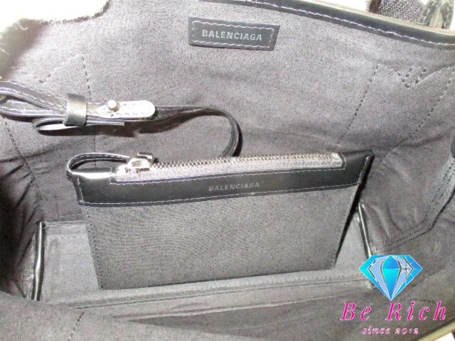 美品 バレンシアガ BALENCIAGA 2way ハンドバッグ ネイビー カバ XS 390346 ブラック 黒 キャンバス レザー ロゴ ポーチ ショルダーバッグ NAVY CABAS  【中古】【送料無料】 bk9382