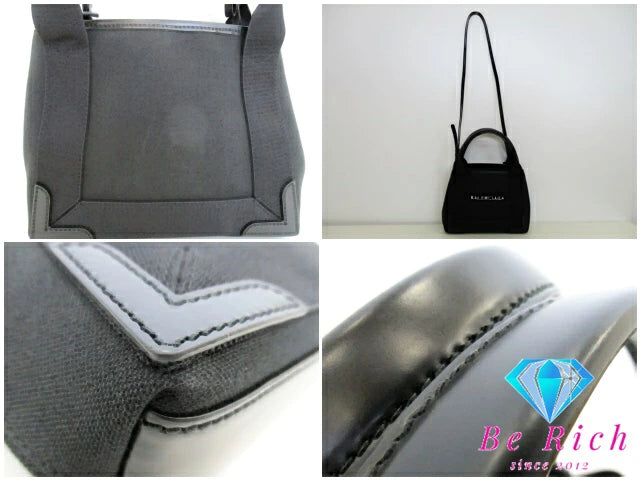 美品 バレンシアガ BALENCIAGA 2way ハンドバッグ ネイビー カバ XS 390346 ブラック 黒 キャンバス レザー ロゴ ポーチ ショルダーバッグ NAVY CABAS  【中古】【送料無料】 bk9382