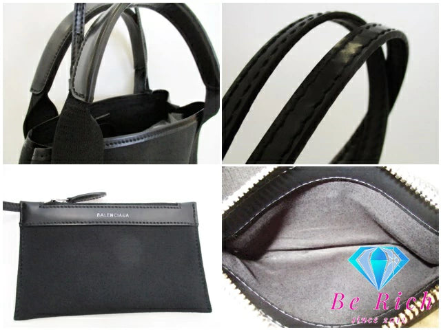 美品 バレンシアガ BALENCIAGA 2way ハンドバッグ ネイビー カバ XS 390346 ブラック 黒 キャンバス レザー ロゴ ポーチ ショルダーバッグ NAVY CABAS  【中古】【送料無料】 bk9382