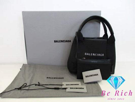 美品 バレンシアガ BALENCIAGA 2way ハンドバッグ ネイビー カバ XS 390346 ブラック 黒 キャンバス レザー ロゴ ポーチ ショルダーバッグ NAVY CABAS  【中古】【送料無料】 bk9382