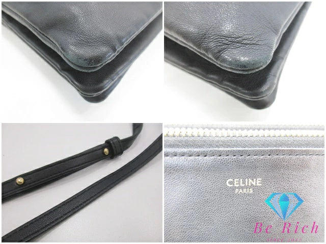 セリーヌ CELINE トリオラージ ショルダーバッグ 171453 ブラック 黒 ロゴ ラムスキン レザー ポシェット クロスボディ 肩掛け 斜め掛け 鞄 ヴィンテージ  【中古】【送料無料】 bk9383