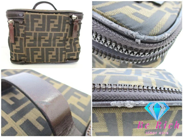 フェンディ FENDI バニティバッグ ハンドバッグ ポーチ 26554 ズッカ ブラウン 茶 キャンバス レザー ロゴ 化粧 コスメ アクセサリーポーチ 鞄 折り畳み 【中古】【送料無料】 bk9389