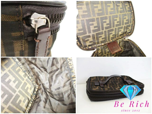 フェンディ FENDI バニティバッグ ハンドバッグ ポーチ 26554 ズッカ ブラウン 茶 キャンバス レザー ロゴ 化粧 コスメ アクセサリーポーチ 鞄 折り畳み 【中古】【送料無料】 bk9389