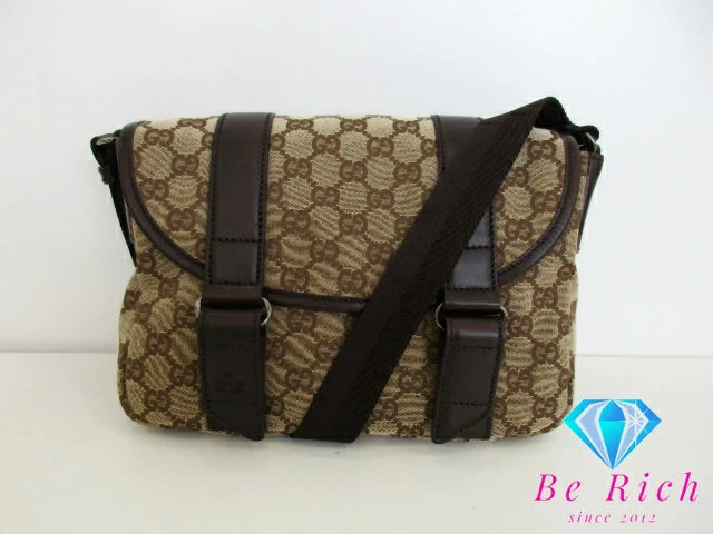 美品 グッチ GUCCI ショルダーバッグ 145858 GG ベージュ ブラウン 茶 キャンバス レザー ロゴ  鞄【中古】【送料無料】bk9407