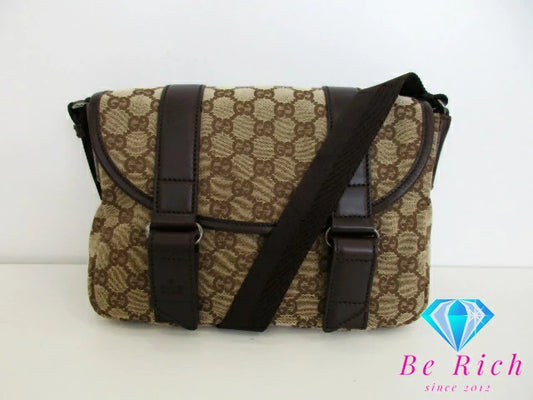美品 グッチ GUCCI ショルダーバッグ 145858 GG ベージュ ブラウン 茶 キャンバス レザー ロゴ  鞄【中古】【送料無料】bk9407