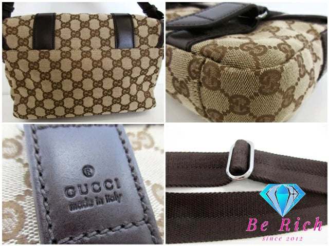 美品 グッチ GUCCI ショルダーバッグ 145858 GG ベージュ ブラウン 茶 キャンバス レザー ロゴ  鞄【中古】【送料無料】bk9407