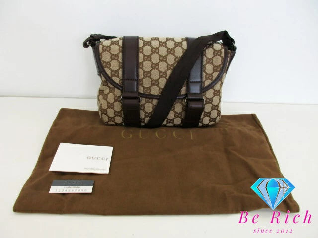 美品 グッチ GUCCI ショルダーバッグ 145858 GG ベージュ ブラウン 茶 キャンバス レザー ロゴ  鞄【中古】【送料無料】bk9407