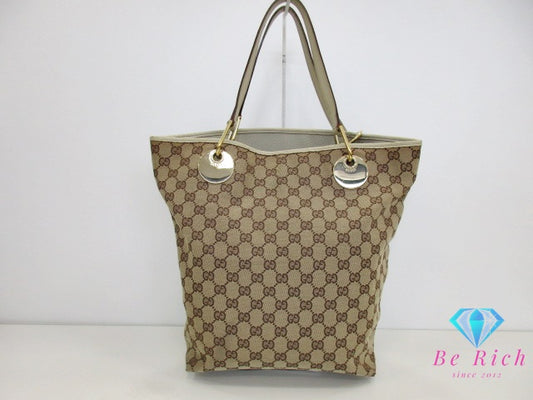 グッチ トートバッグ 120836 GG ブラウン 茶 アイボリー キャンバス レザー ハンドバッグ GUCCI 手提げ 鞄【中古】【送料無料】 bk9456