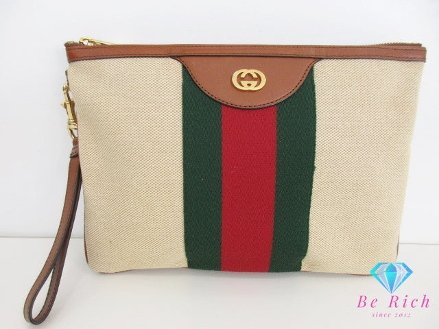 GUCCI  グッチ クラッチバッグ ハンドバッグ 576053 シェリー ウェビング インターロッキング G ロゴ ベージュ キャンバス レザー ポーチ ストラップ セカンドバッグ 【中古】【送料無料】 bk9547