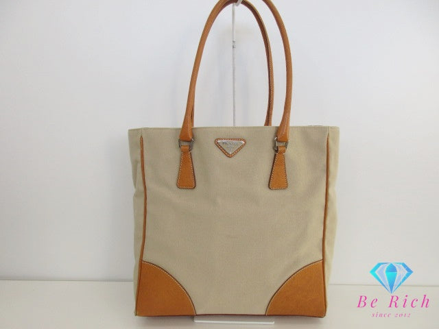 プラダ PRADA トートバッグ ショルダーバッグ 縦型 BR0391 ベージュ カーキ キャンバス レザー 三角 プレート ロゴ ハンドバッグ 手提げ 鞄  【中古】【送料無料】 bk9566