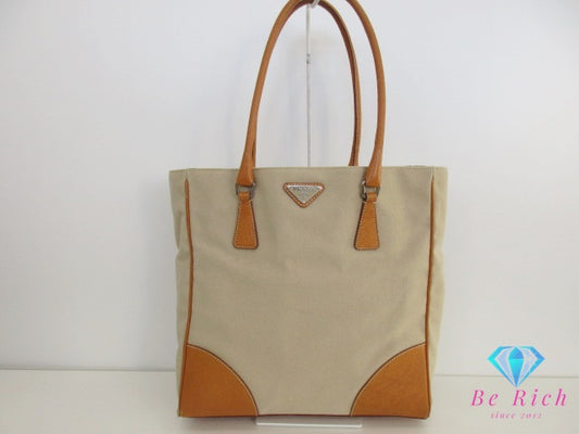プラダ PRADA トートバッグ ショルダーバッグ 縦型 BR0391 ベージュ カーキ キャンバス レザー 三角 プレート ロゴ ハンドバッグ 手提げ 鞄  【中古】【送料無料】 bk9566