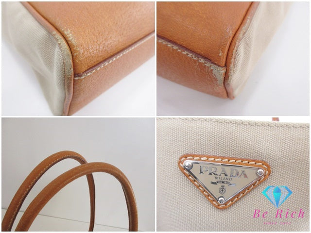 プラダ PRADA トートバッグ ショルダーバッグ 縦型 BR0391 ベージュ カーキ キャンバス レザー 三角 プレート ロゴ ハンドバッグ 手提げ 鞄  【中古】【送料無料】 bk9566
