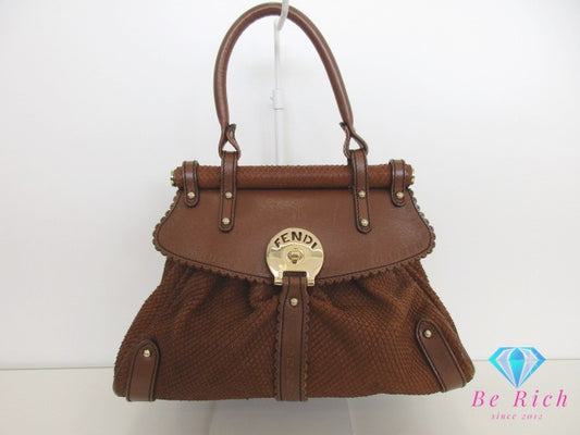 フェンディ FENDI ボルサ マジック ハンドバッグ 8BN143 パイソン 型押し ブラウン 茶 スエード レザー ロゴ ショルダーバッグ 鞄 【中古】【送料無料】 bk9585