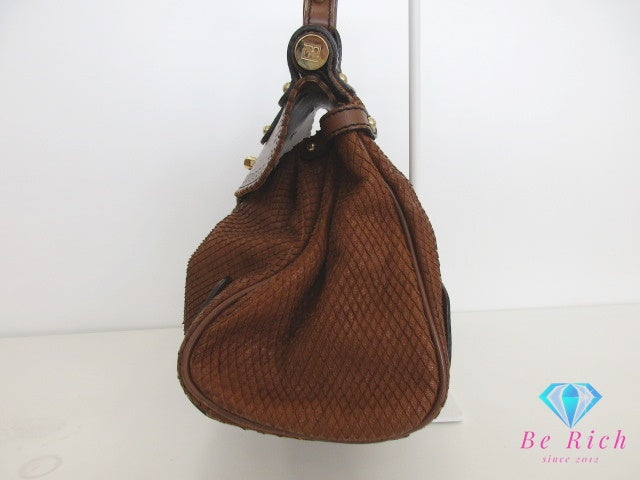 フェンディ FENDI ボルサ マジック ハンドバッグ 8BN143 パイソン 型押し ブラウン 茶 スエード レザー ロゴ ショルダーバッグ 鞄 【中古】【送料無料】 bk9585