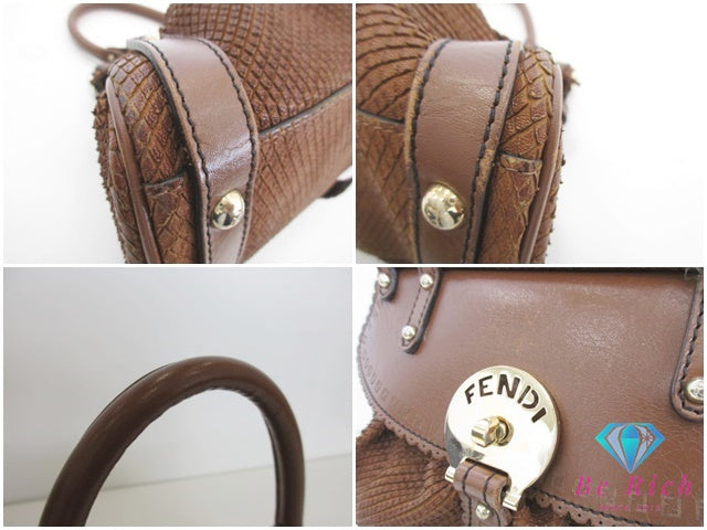 フェンディ FENDI ボルサ マジック ハンドバッグ 8BN143 パイソン 型押し ブラウン 茶 スエード レザー ロゴ ショルダーバッグ 鞄 【中古】【送料無料】 bk9585