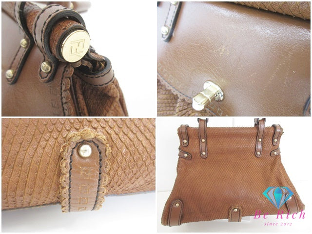 フェンディ FENDI ボルサ マジック ハンドバッグ 8BN143 パイソン 型押し ブラウン 茶 スエード レザー ロゴ ショルダーバッグ 鞄 【中古】【送料無料】 bk9585