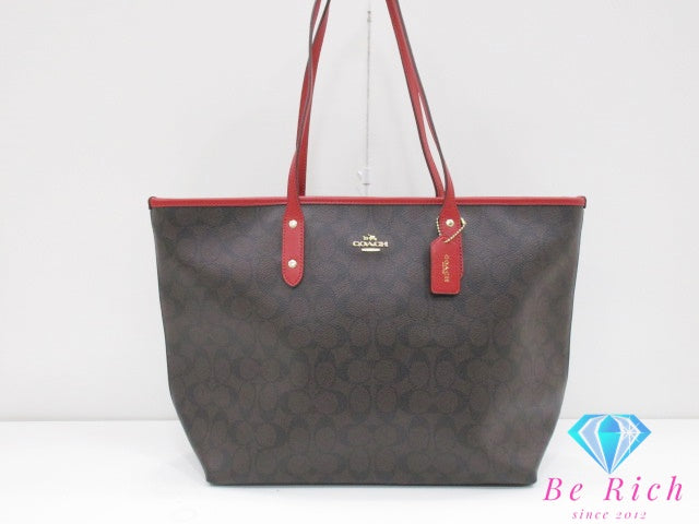 コーチ COACH シグネチャー トートバッグ F36876  茶 ダーク ブラウン 赤 レッド PVC レザー ロゴ ショルダーバッグ ハンドバッグ  【中古】【送料無料】 bk9595