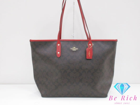 コーチ COACH シグネチャー トートバッグ F36876  茶 ダーク ブラウン 赤 レッド PVC レザー ロゴ ショルダーバッグ ハンドバッグ  【中古】【送料無料】 bk9595