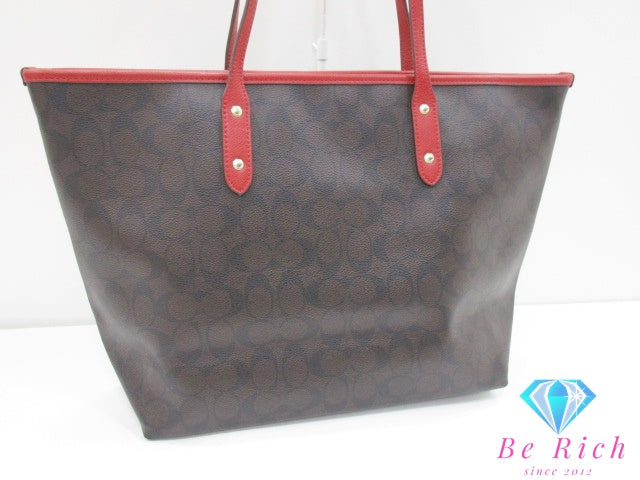 コーチ COACH シグネチャー トートバッグ F36876  茶 ダーク ブラウン 赤 レッド PVC レザー ロゴ ショルダーバッグ ハンドバッグ  【中古】【送料無料】 bk9595